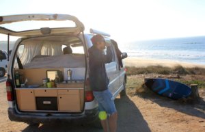 Morning mood next to campervan in surf holidays